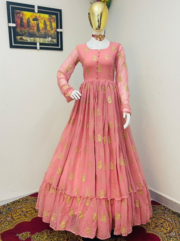 Baby pink georgette embroidery work party wear ruffle gown