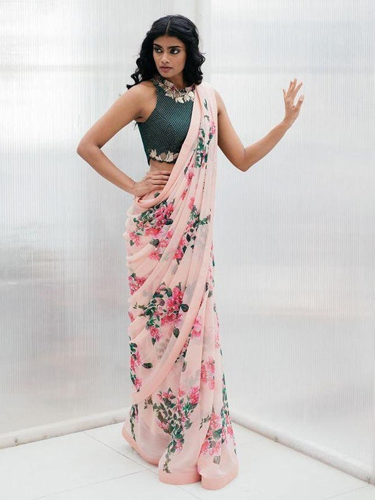 Baby pink georgette floral printed saree
