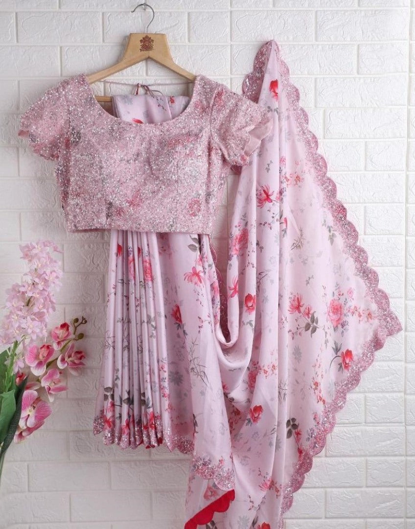 Baby pink georgette floral printed sequence work saree