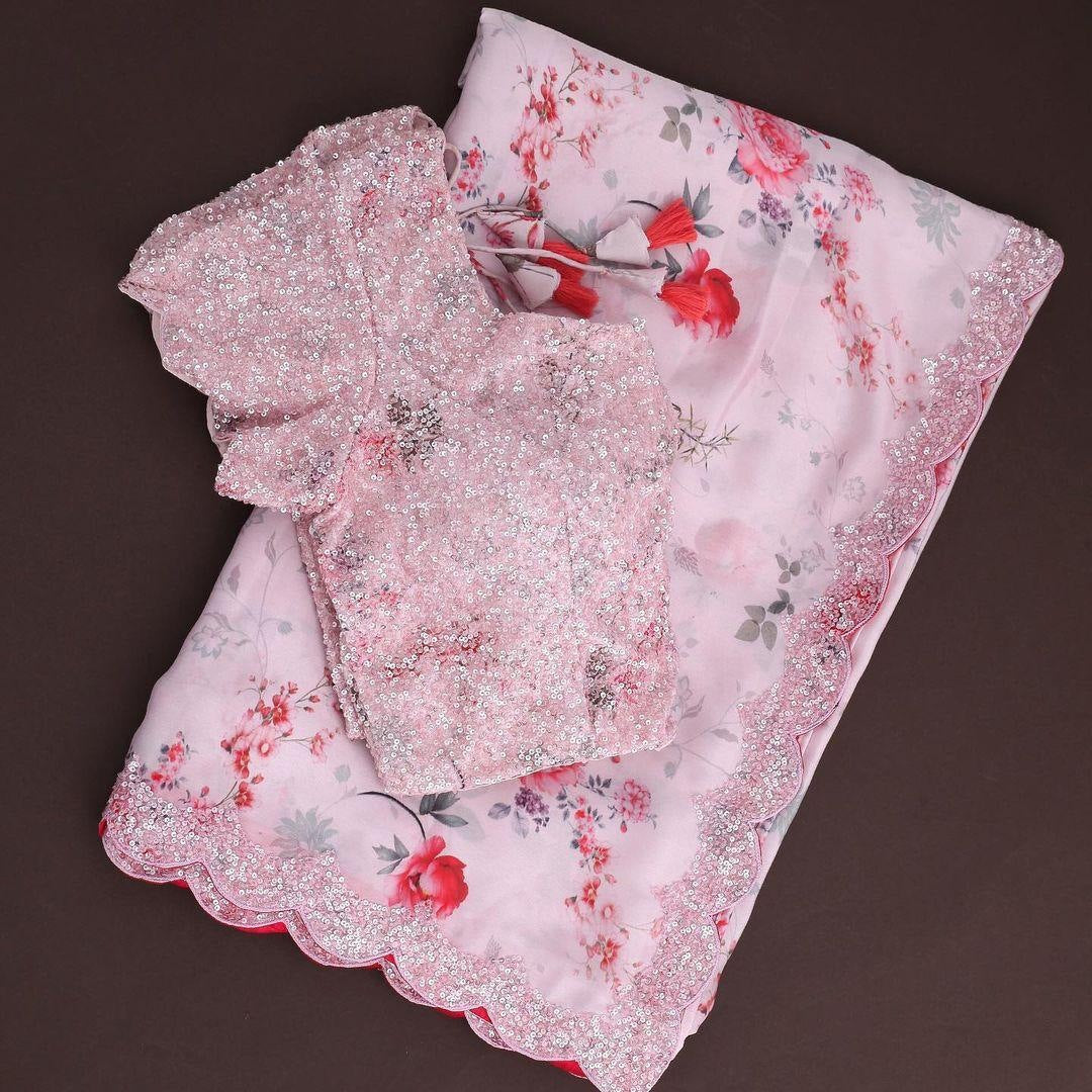 Baby pink georgette floral printed sequence work saree