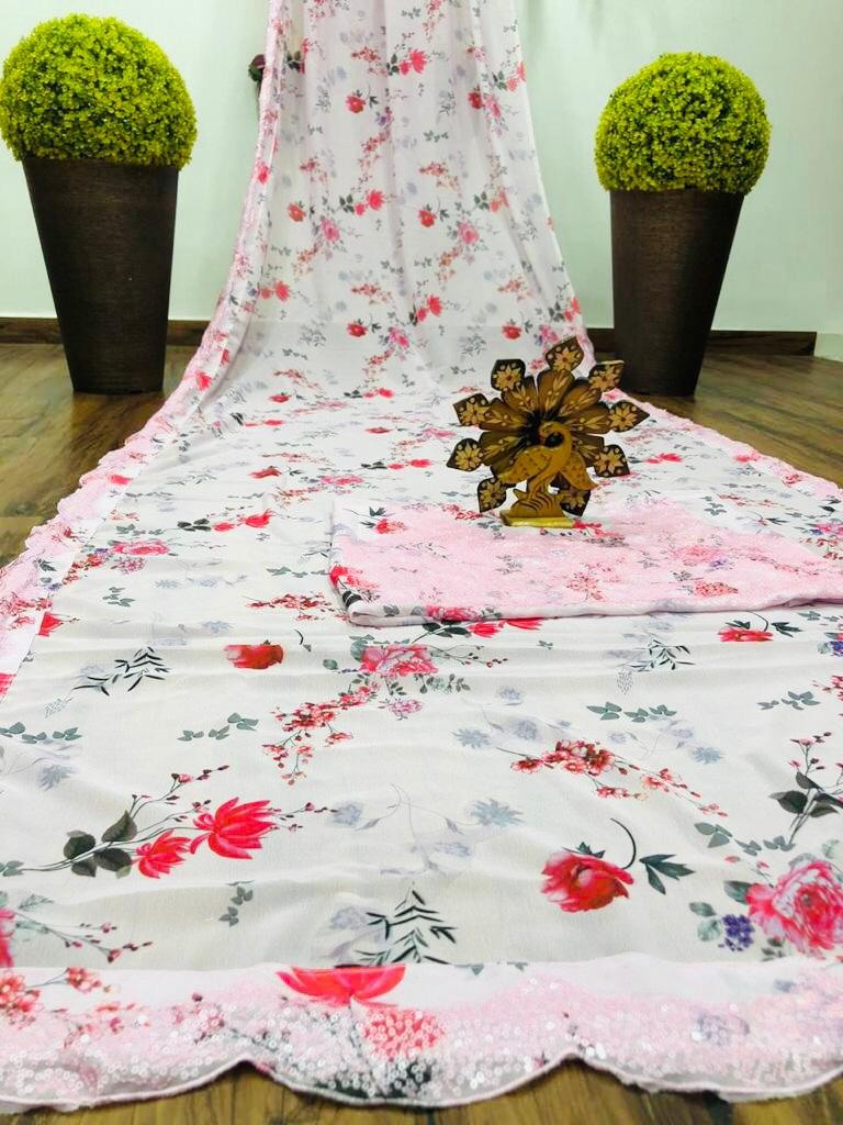 Baby pink georgette floral printed sequence work saree