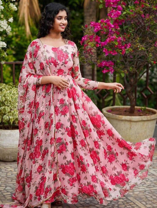 Baby pink georgette floral printed umbrella flair gown