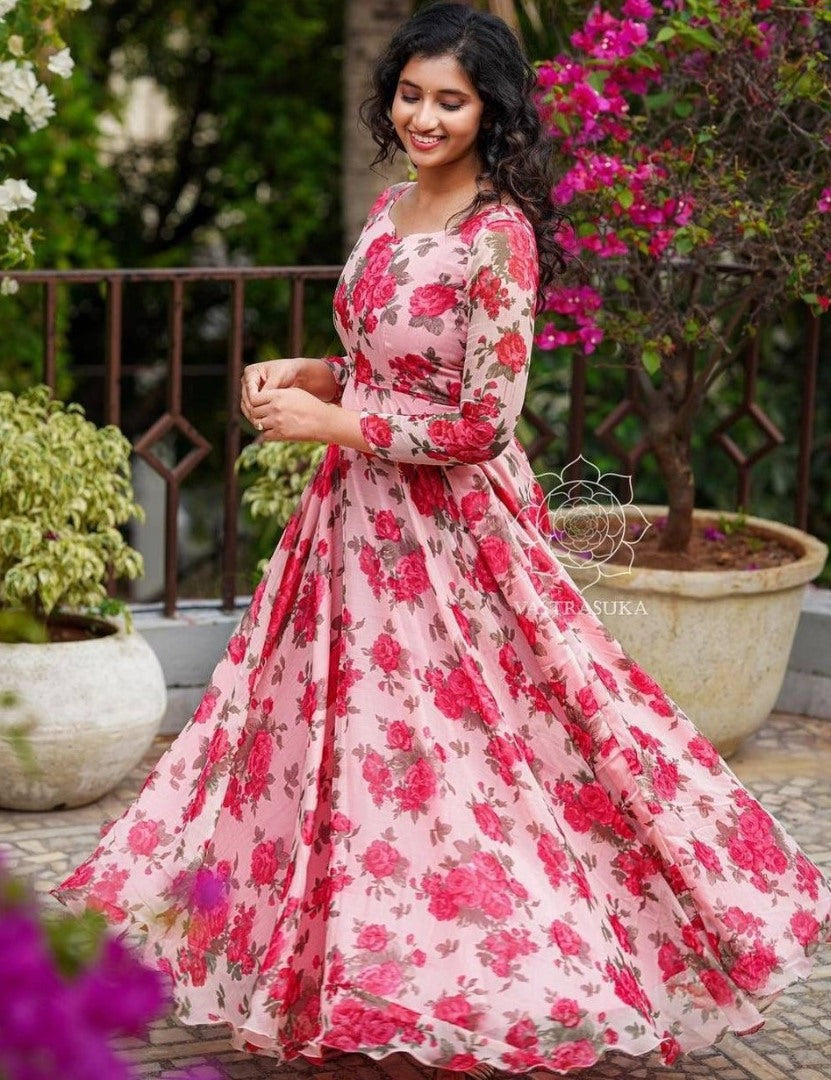 Baby pink georgette floral printed umbrella flair gown