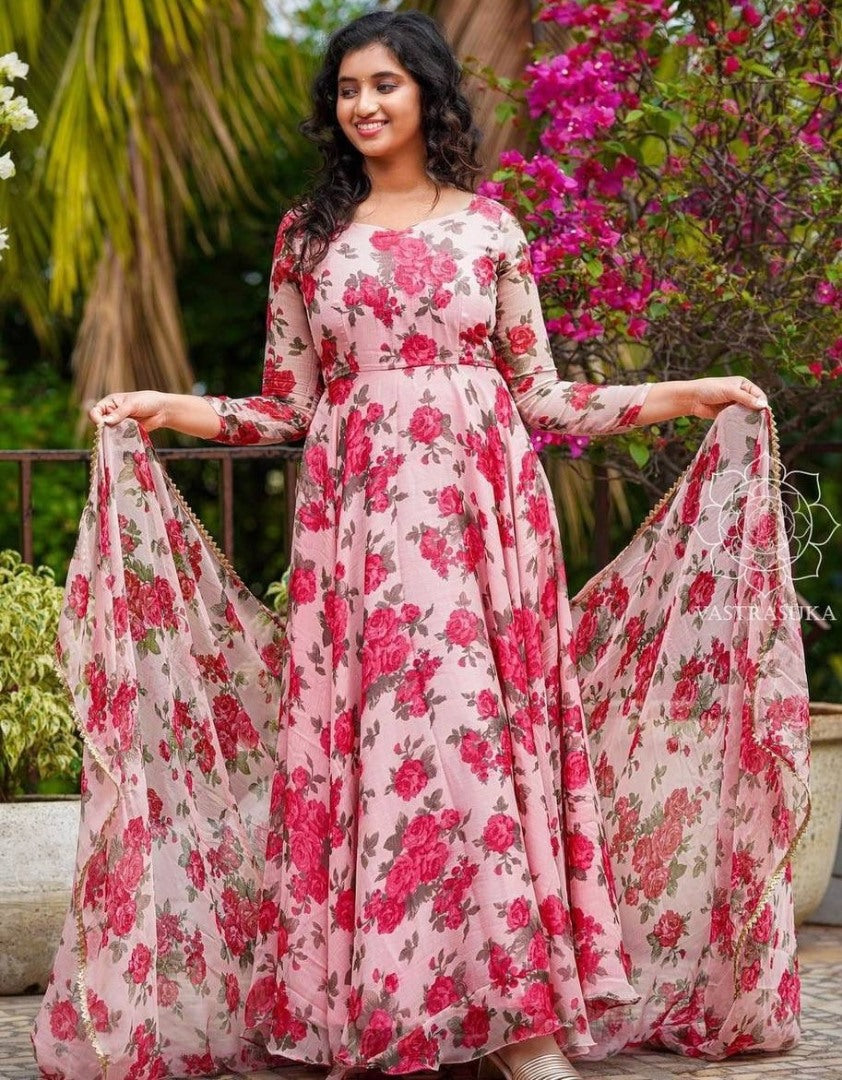 Baby pink georgette floral printed umbrella flair gown