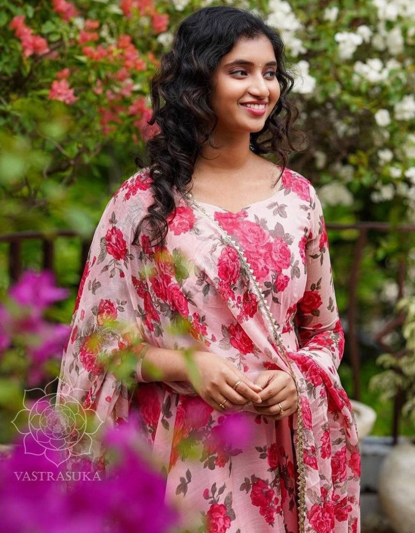 Baby pink georgette floral printed umbrella flair gown