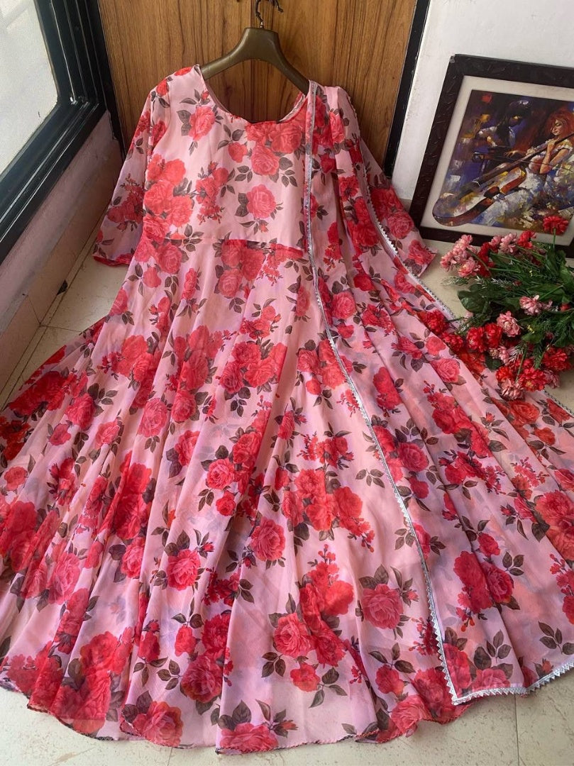 Baby pink georgette floral printed umbrella flair gown