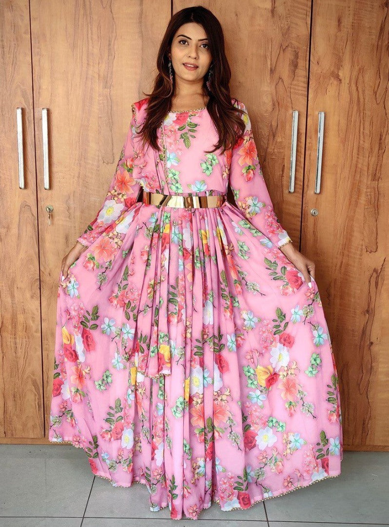 Baby pink georgette flower printed anarkali suit