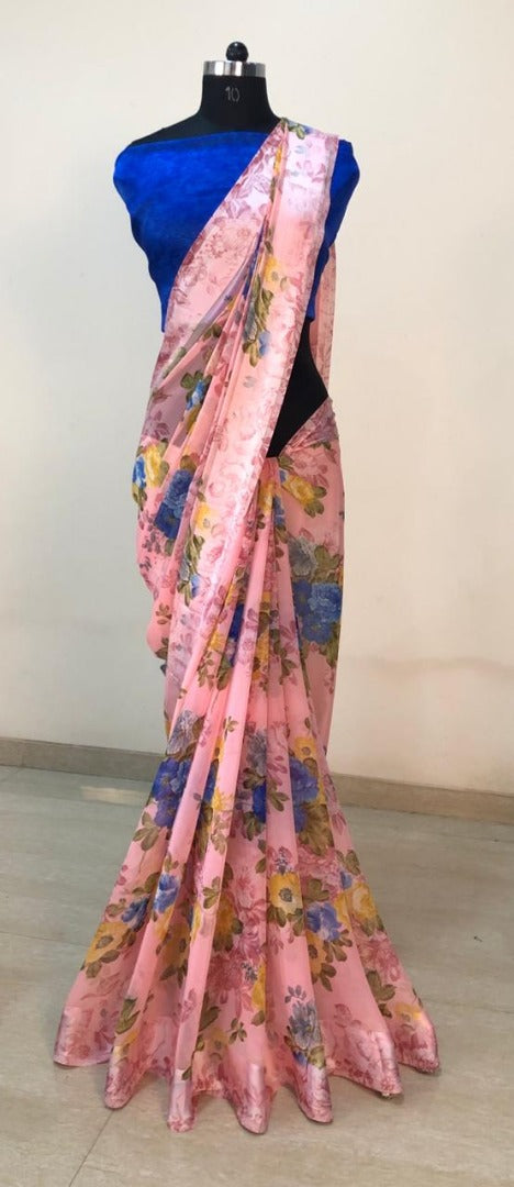 Baby pink georgette flower printed georgette satin patta broder saree