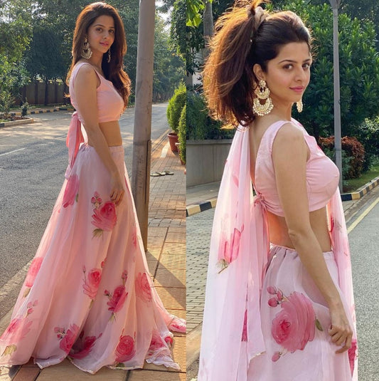 Baby pink georgette flower printed lehenga choli