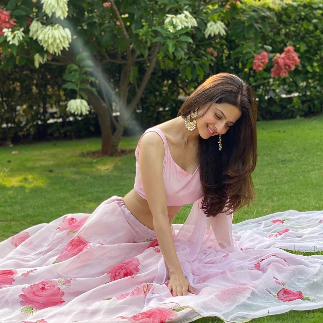 Baby pink georgette flower printed lehenga choli