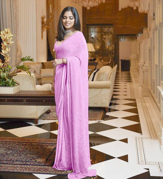 Baby pink georgette full sequence work saree