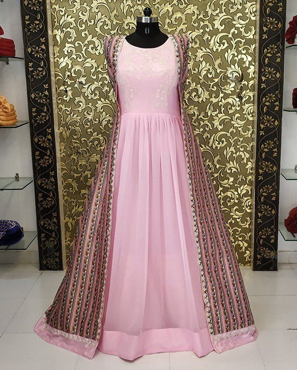 Baby pink Georgette Gown with digital printed koti