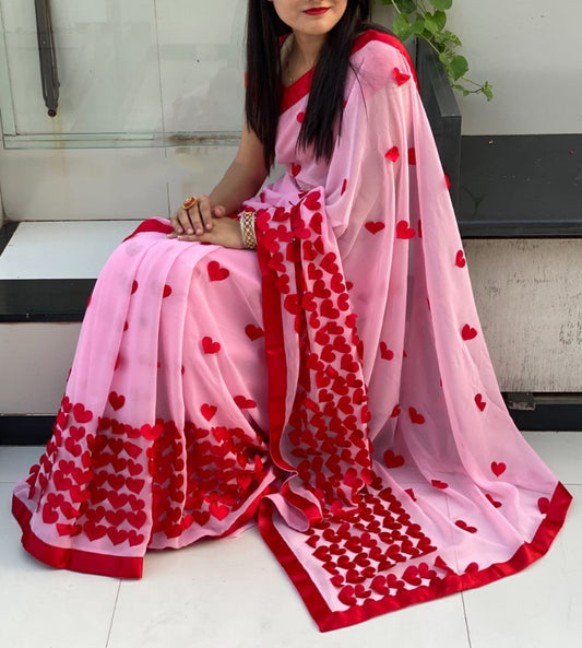Baby pink georgette heart embellished saree