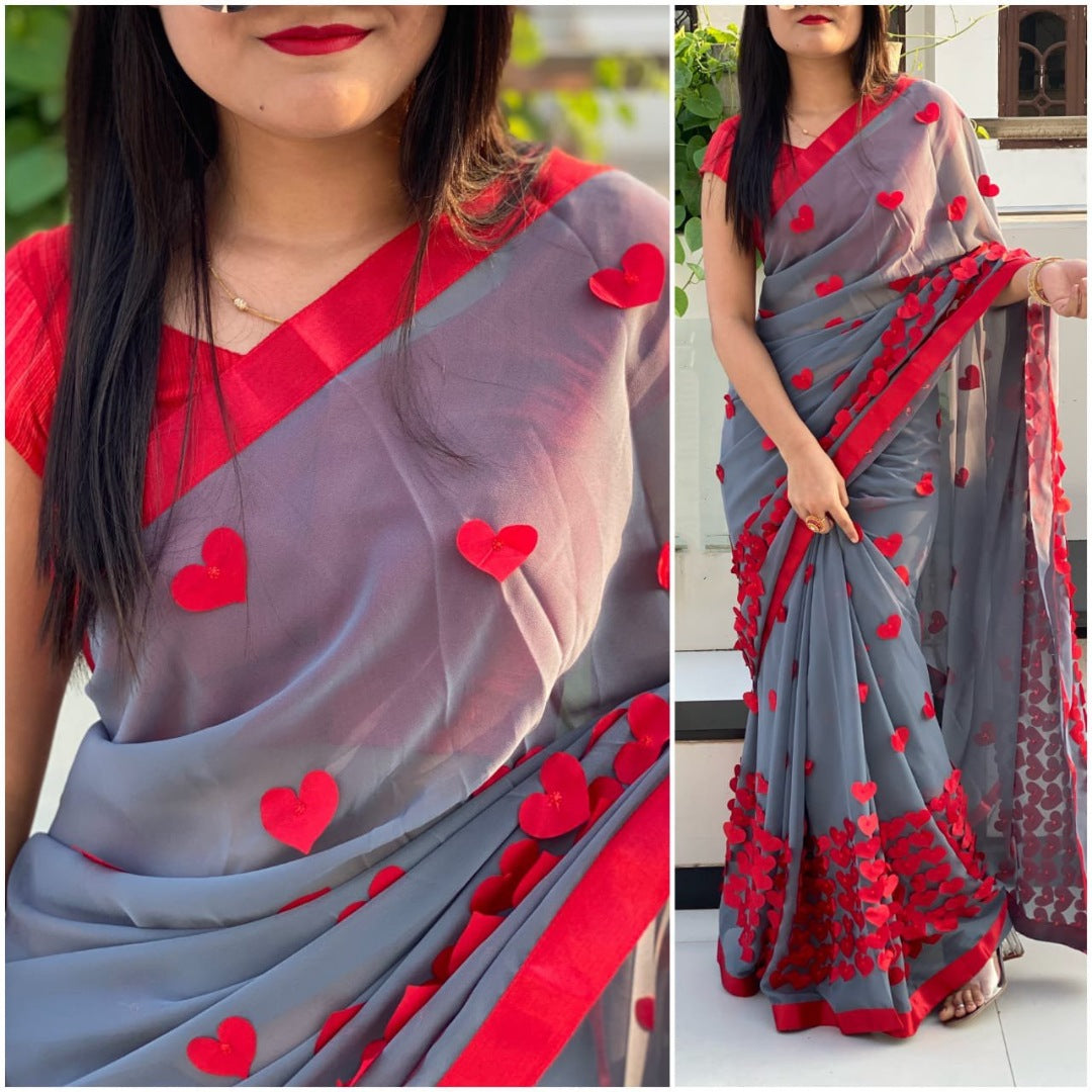 Baby pink georgette heart embellished saree