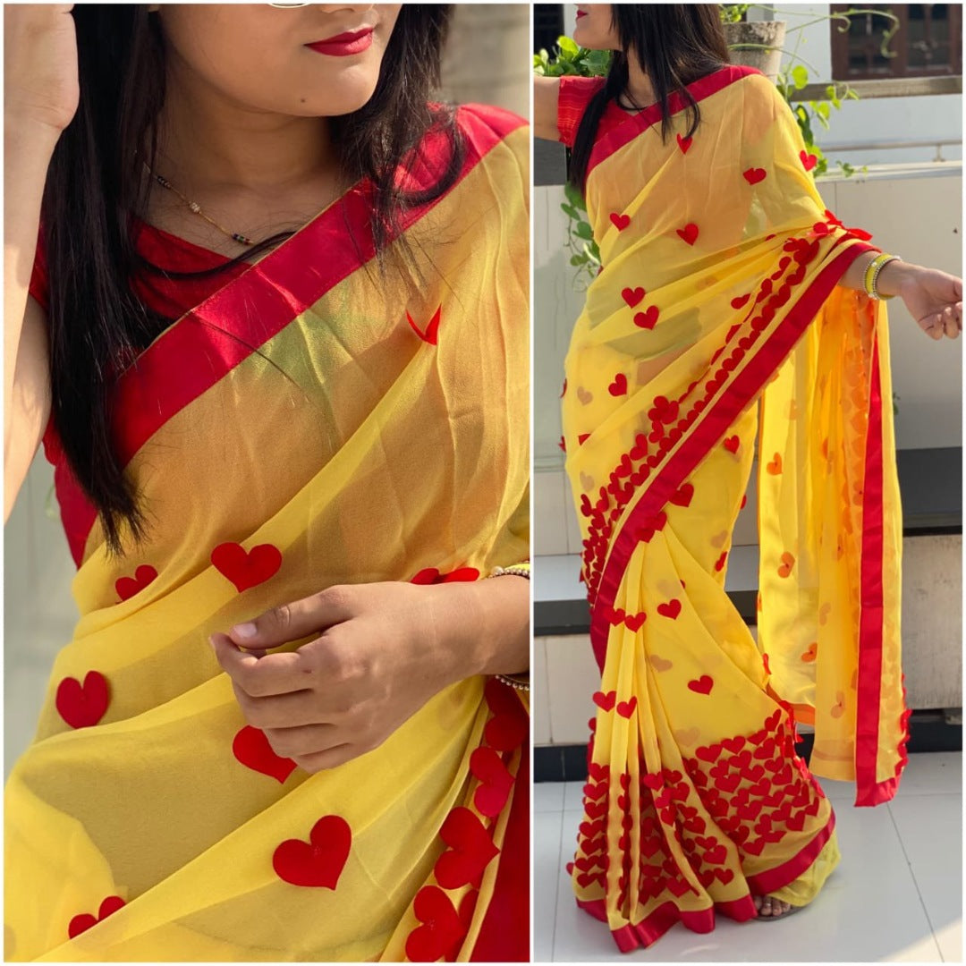 Baby pink georgette heart embellished saree
