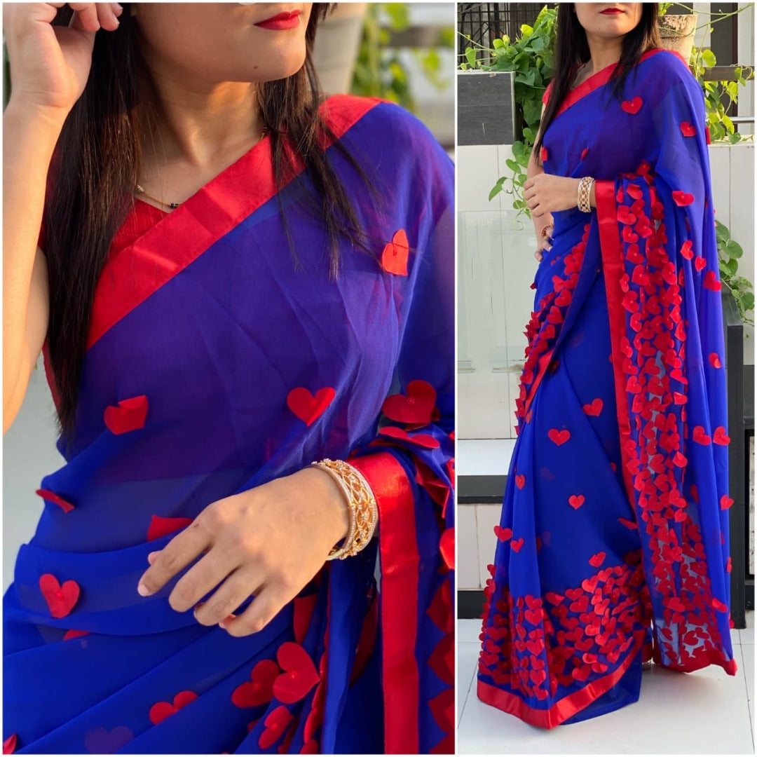 Baby pink georgette heart embellished saree