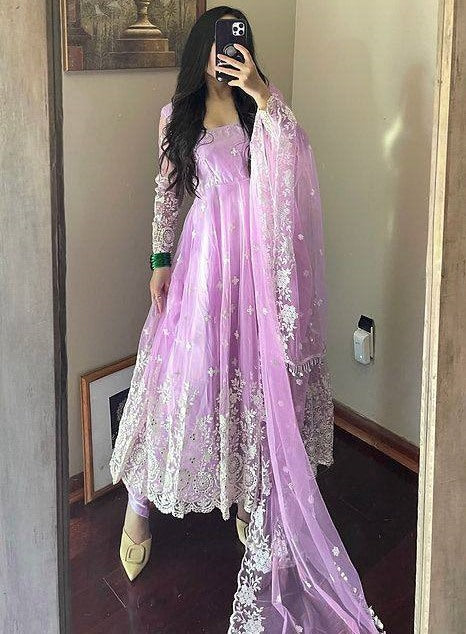 Baby pink georgette heavy chainstitch embroidery party wear anarkali suit