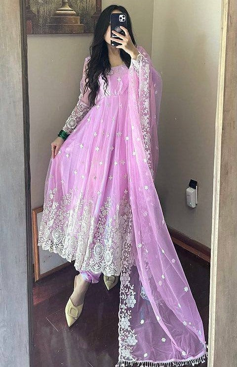 Baby pink georgette heavy chainstitch embroidery party wear anarkali suit