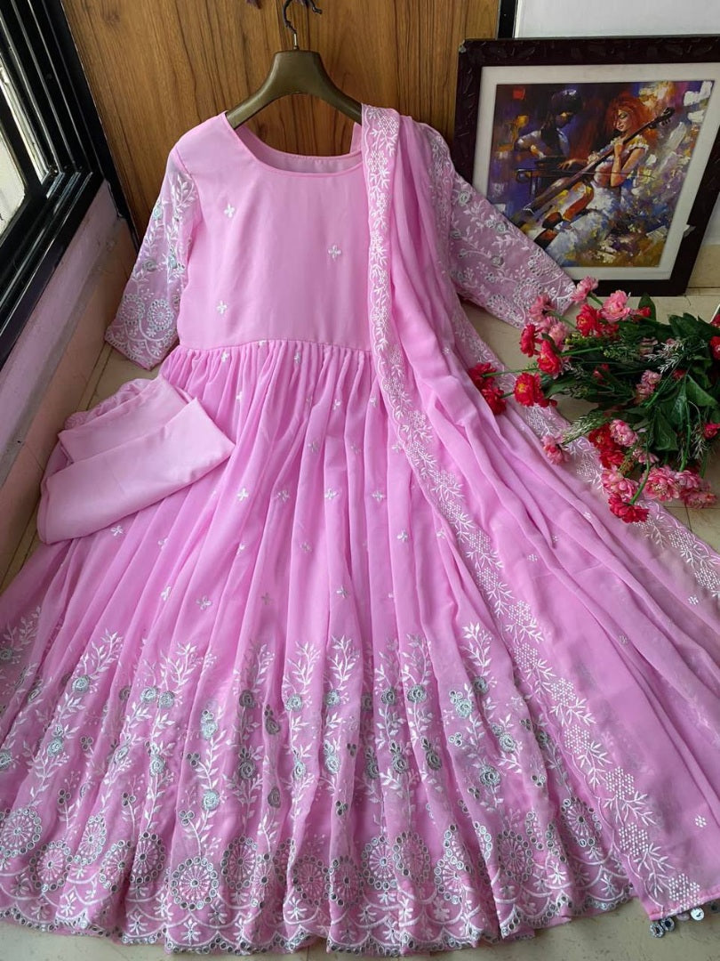 Baby pink georgette heavy chainstitch embroidery party wear anarkali suit