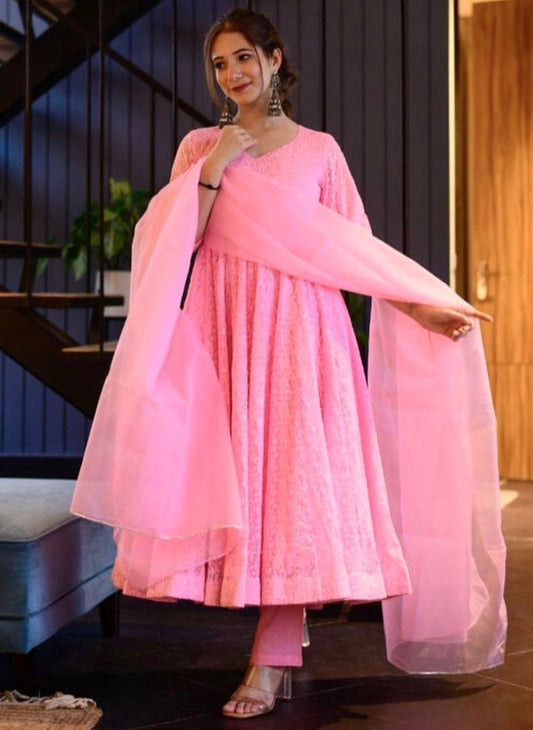 Baby pink georgette heavy embroidered anarkali suit