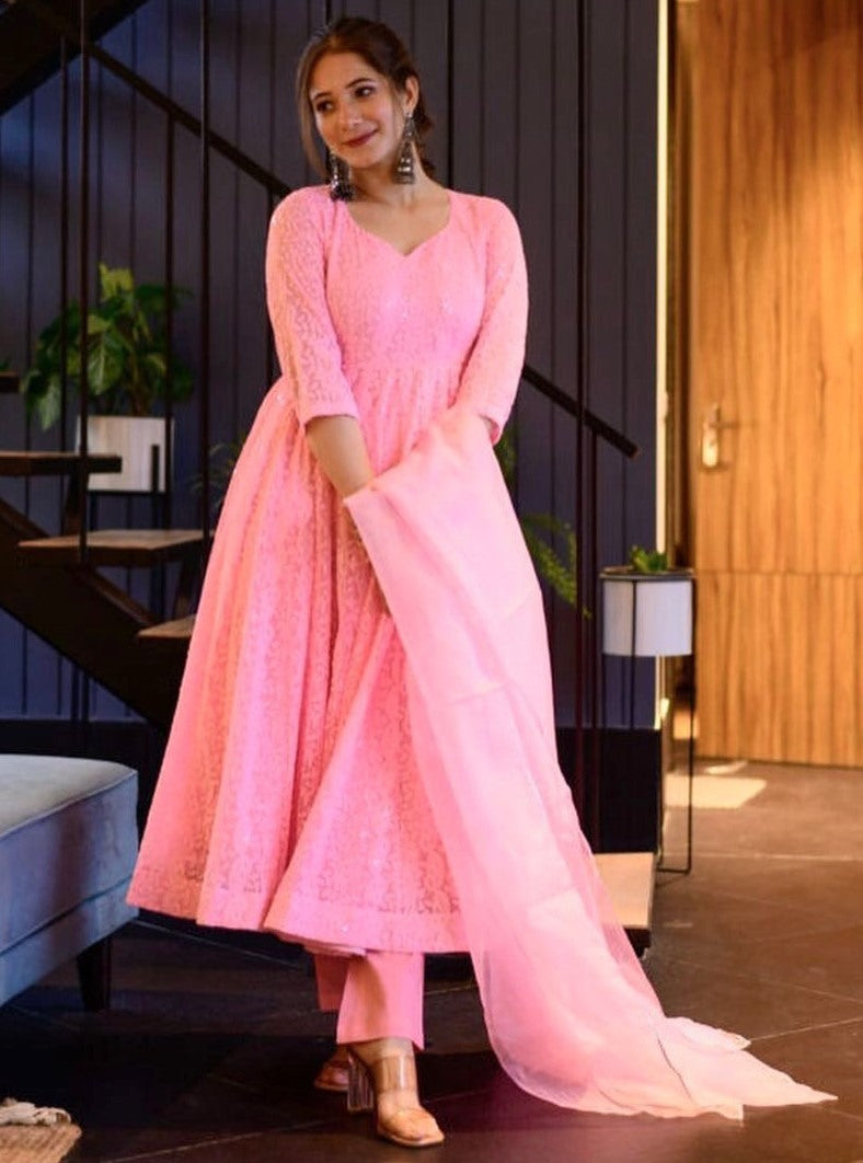 Baby pink georgette heavy embroidered anarkali suit
