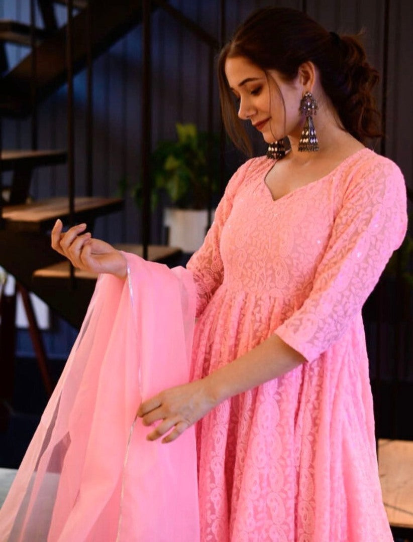 Baby pink georgette heavy embroidered anarkali suit