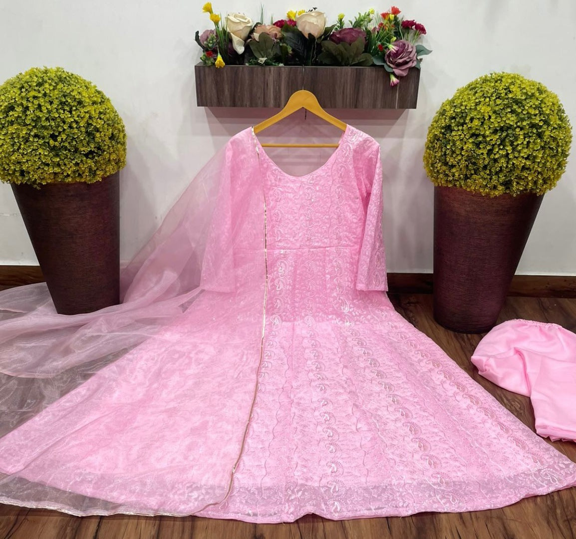 Baby pink georgette heavy embroidered anarkali suit