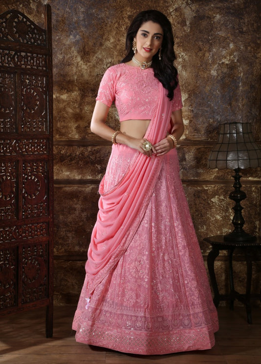 Baby pink georgette heavy embroidered wedding lehenga choli