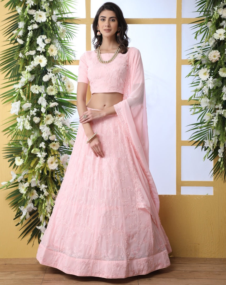 Baby pink georgette heavy embroidered wedding lehenga choli