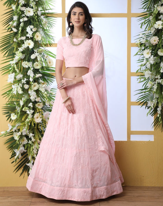 Baby pink georgette heavy embroidered wedding lehenga choli