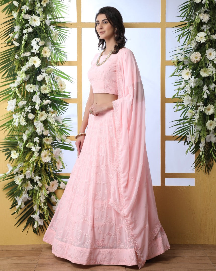 Baby pink georgette heavy embroidered wedding lehenga choli