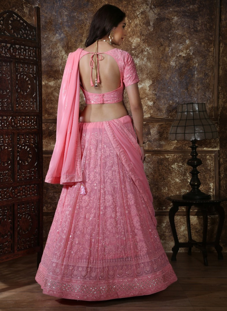Baby pink georgette heavy embroidered wedding lehenga choli