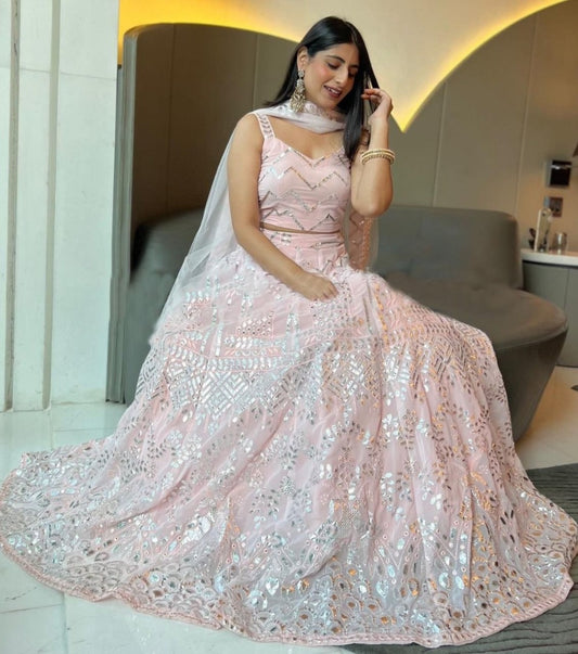 Baby pink georgette heavy embroidery sequence work lehenga choli for ceremony