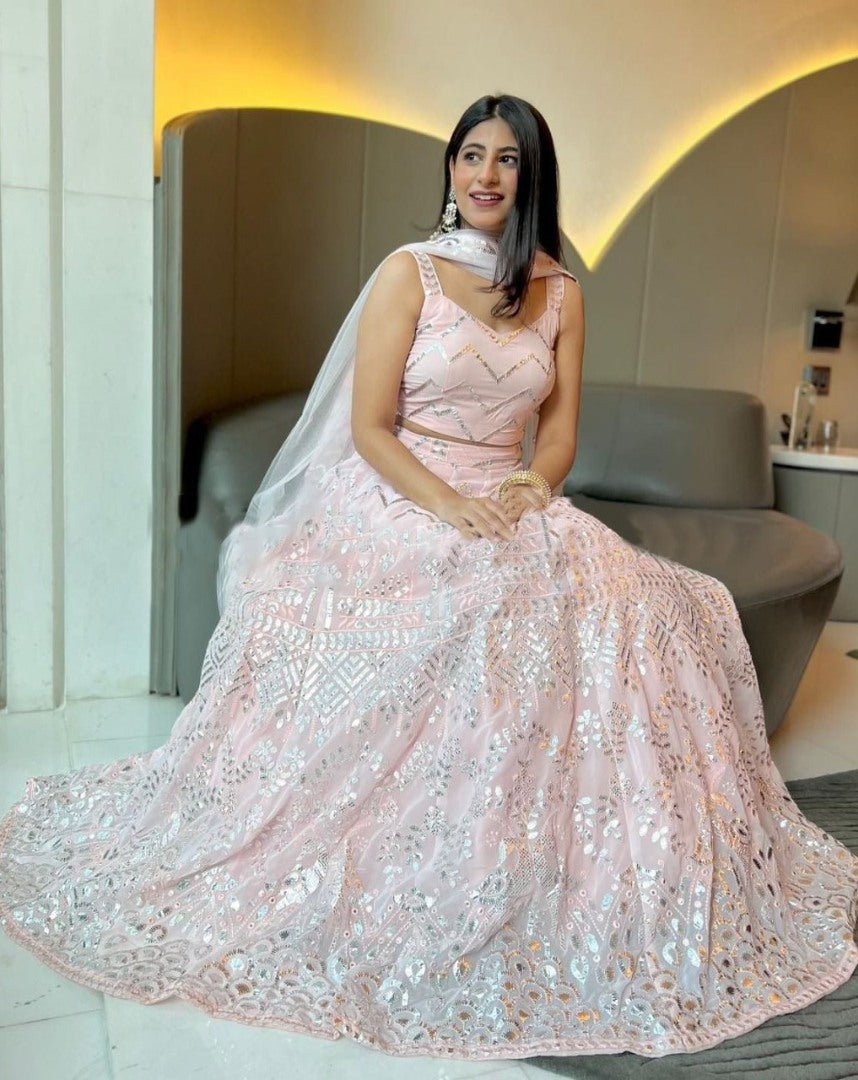 Baby pink georgette heavy embroidery sequence work lehenga choli for ceremony