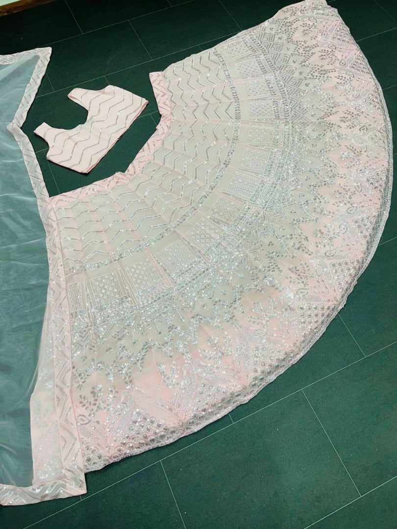 Baby pink georgette heavy embroidery sequence work lehenga choli for ceremony