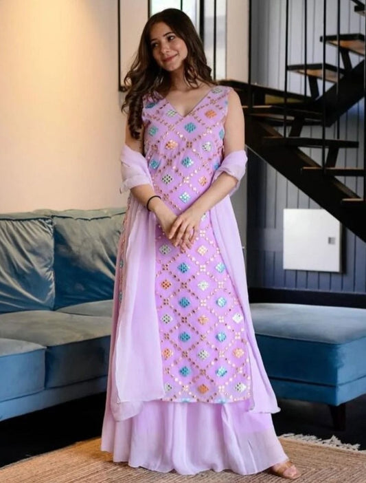 Baby pink georgette heavy multi thread embroidered plazzo suit
