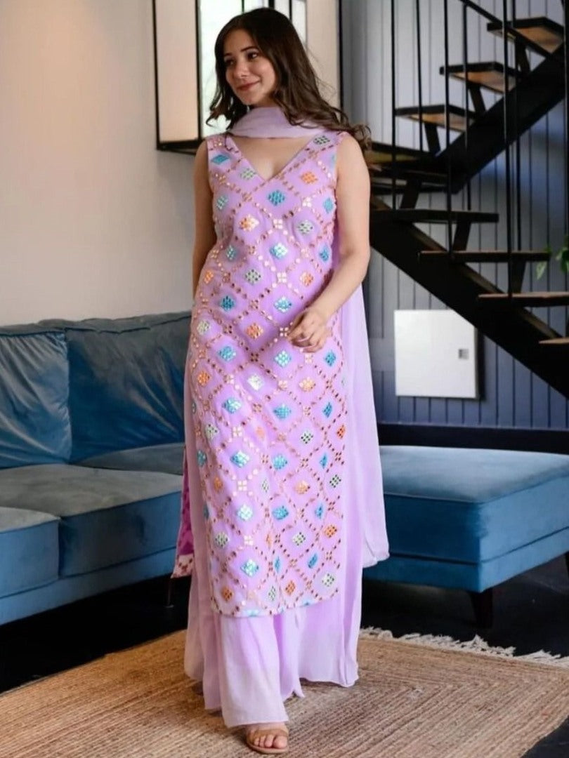 Baby pink georgette heavy multi thread embroidered plazzo suit