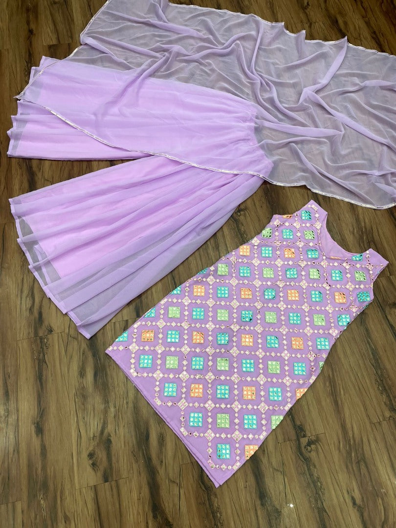 Baby pink georgette heavy multi thread embroidered plazzo suit