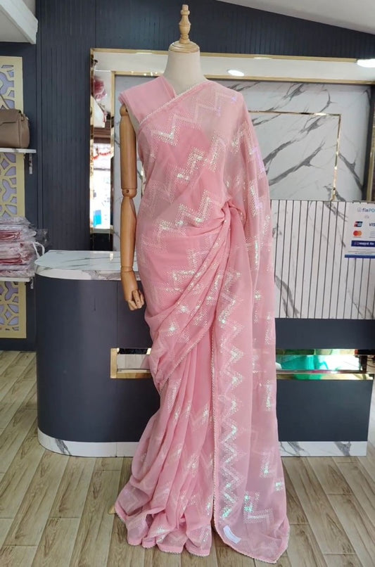Baby pink georgette heavy thread sequence work saree