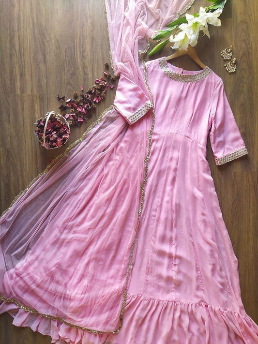 Baby pink georgette long anarkali suit
