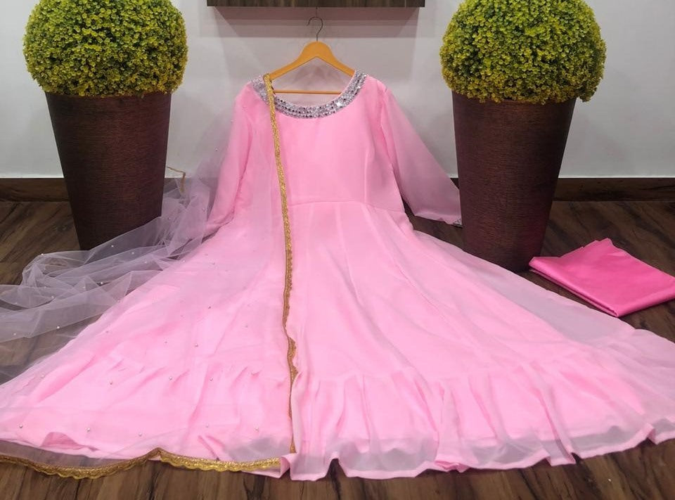 Baby pink georgette long anarkali suit