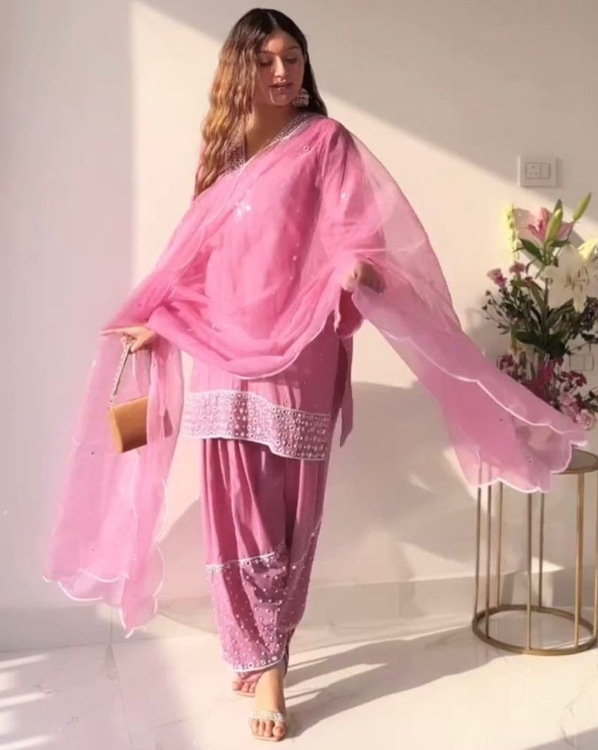 Baby pink georgette mirror work afghan dhoti suit