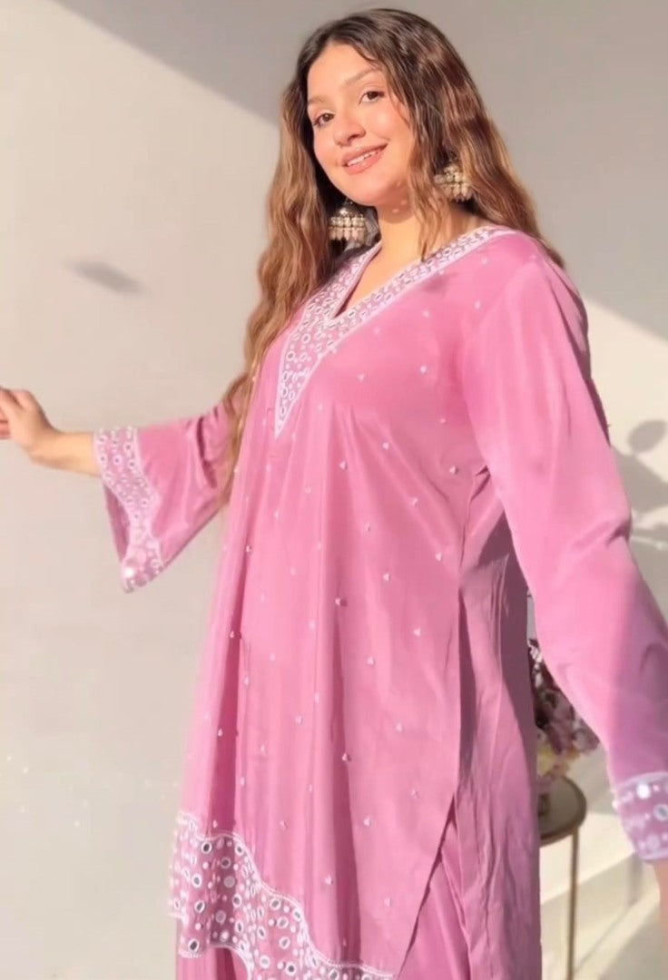 Baby pink georgette mirror work afghan dhoti suit