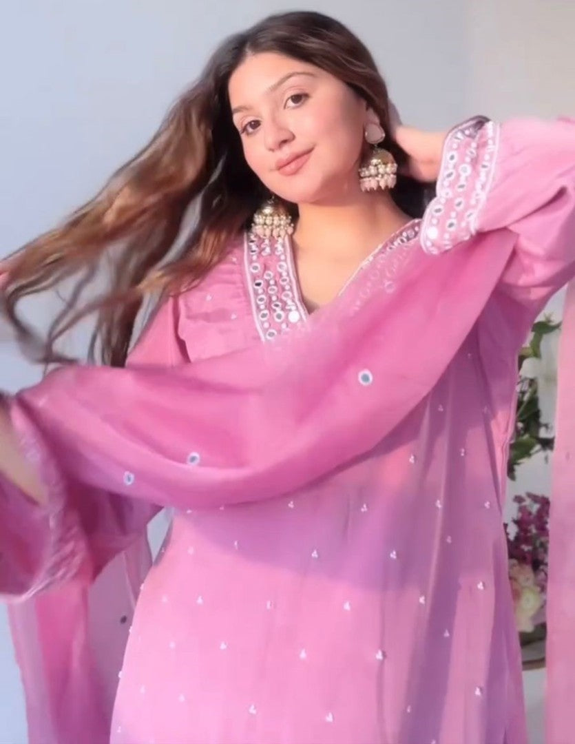 Baby pink georgette mirror work afghan dhoti suit