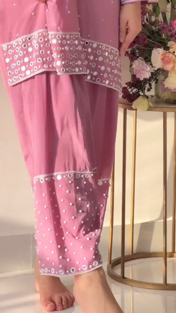 Baby pink georgette mirror work afghan dhoti suit