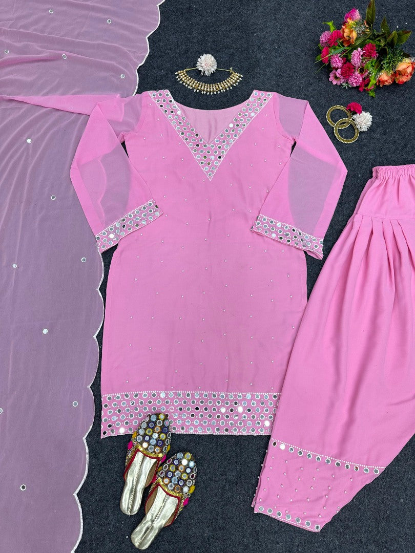 Baby pink georgette mirror work afghan dhoti suit