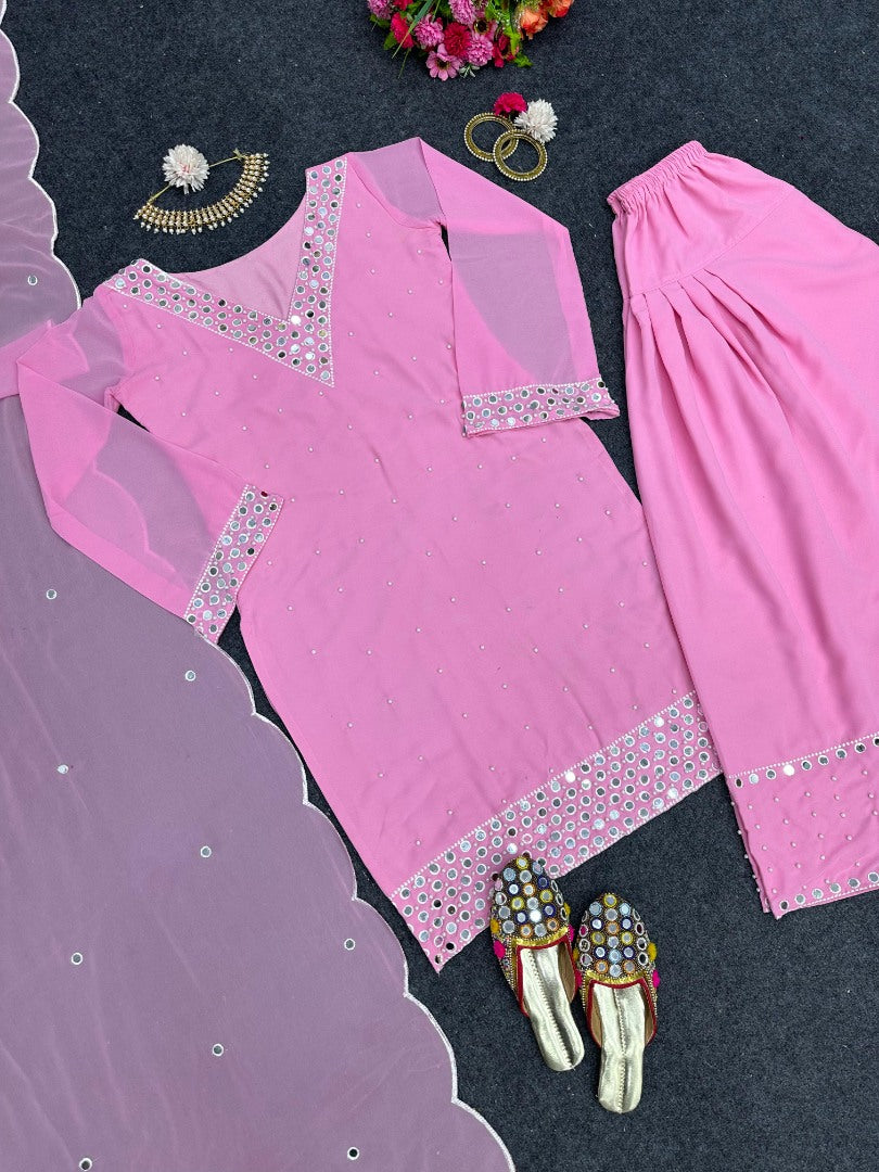 Baby pink georgette mirror work afghan dhoti suit
