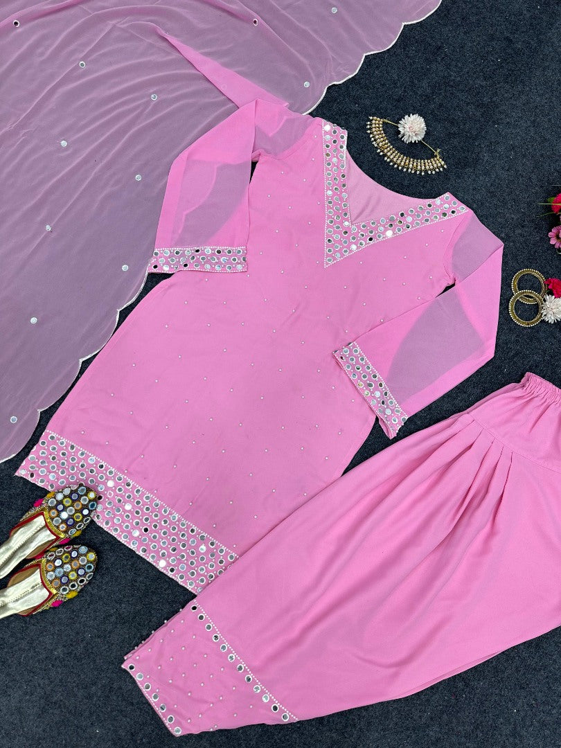 Baby pink georgette mirror work afghan dhoti suit