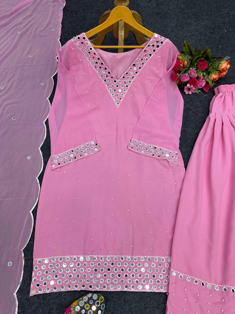 Baby pink georgette mirror work afghan dhoti suit