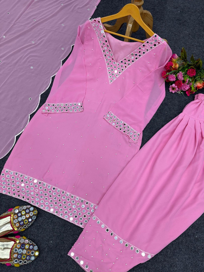 Baby pink georgette mirror work afghan dhoti suit